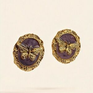 Ornate Gold and Purple Butterfly Earrings